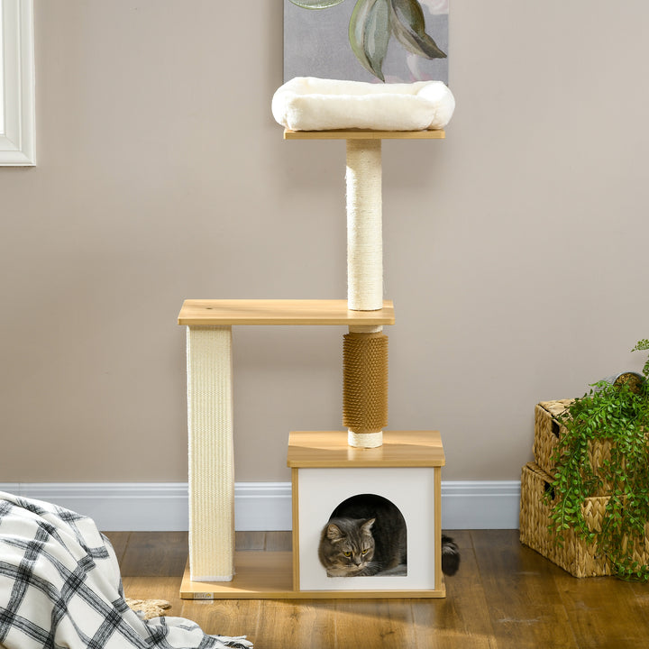 Kradsetræ med kattehule, 1 katteseng, 1 liggeflade, 59,5 cm x 39,5 cm x 114 cm, brun + hvid