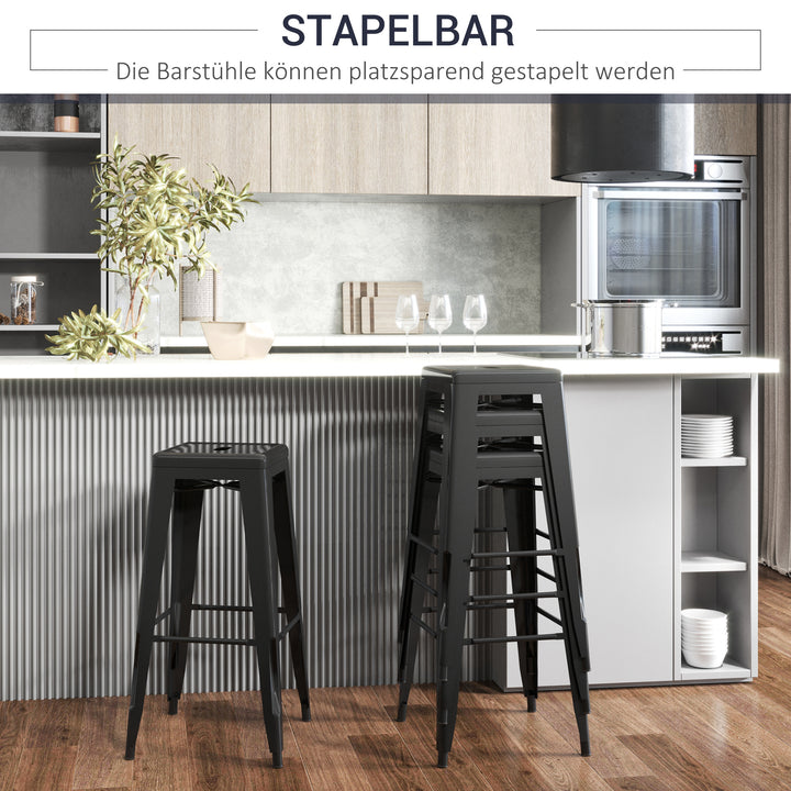 Sæt med 4 metalbarstole, til indendørs og udendørs brug, stabelbart design, sort