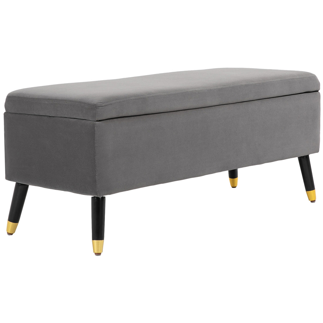 Bænk, polstret bænk med opbevaringsplads, kommodebænk, metal, skum, gummitræ, trækulsgrå, 110 x 43 x 45 cm