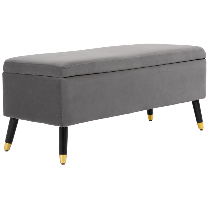 Bænk, polstret bænk med opbevaringsplads, kommodebænk, metal, skum, gummitræ, trækulsgrå, 110 x 43 x 45 cm