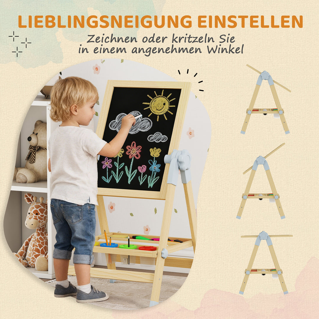 Børnestaffeli i træ, dobbeltsidet whiteboard og kridttavle, højdejusterbar stående kridttavle med papirrulle, hylde, naturfarvet