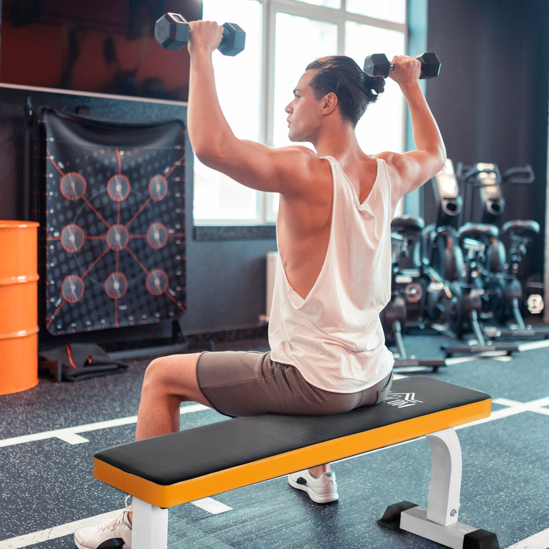 Vægtbænk, flad bænk, fitnessbænk, multifunktionel træningsbænk til styrketræning derhjemme, stål, sort, 112 x 62 x 43 cm