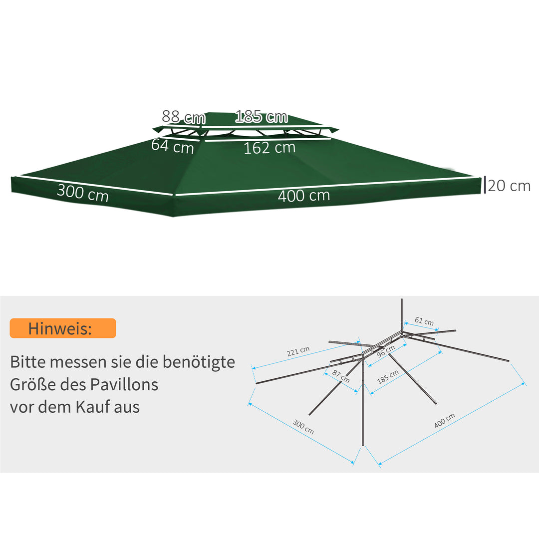 Udskiftningstag til 3x4m metalpavillon, vandafvisende, pavillontag (dobbelttag), udskiftningsovertræk til havepavillon, reservedele, polyester 180g/m², grøn