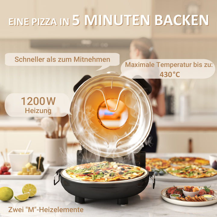 Elektrisk pizzaovn 430 °c, 1200 watt pizzabager med 30 cm stenplade, timer, vindue, rustfrit stål, sort