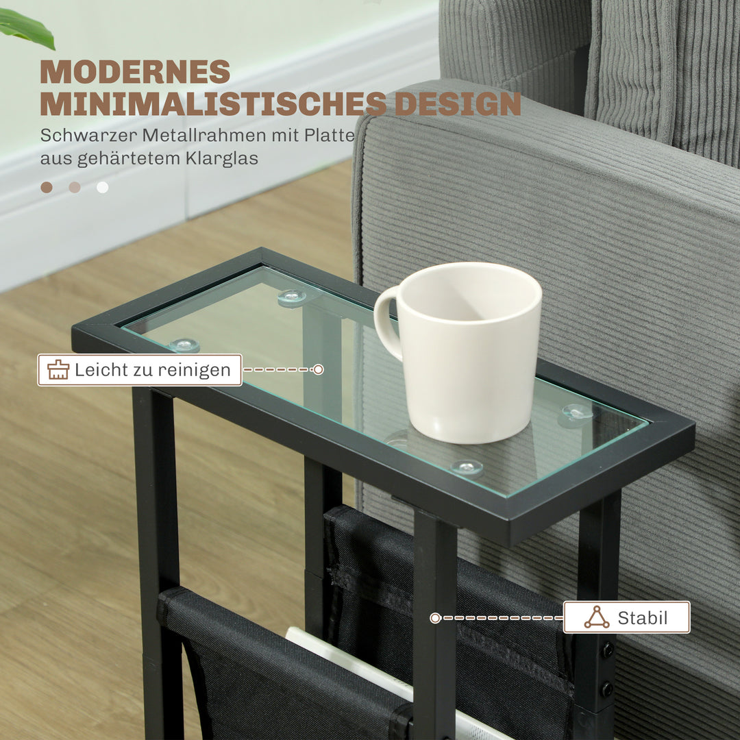 Metal sidebord med stofpose og glasplade, smalt bord til stue, soveværelse, sort