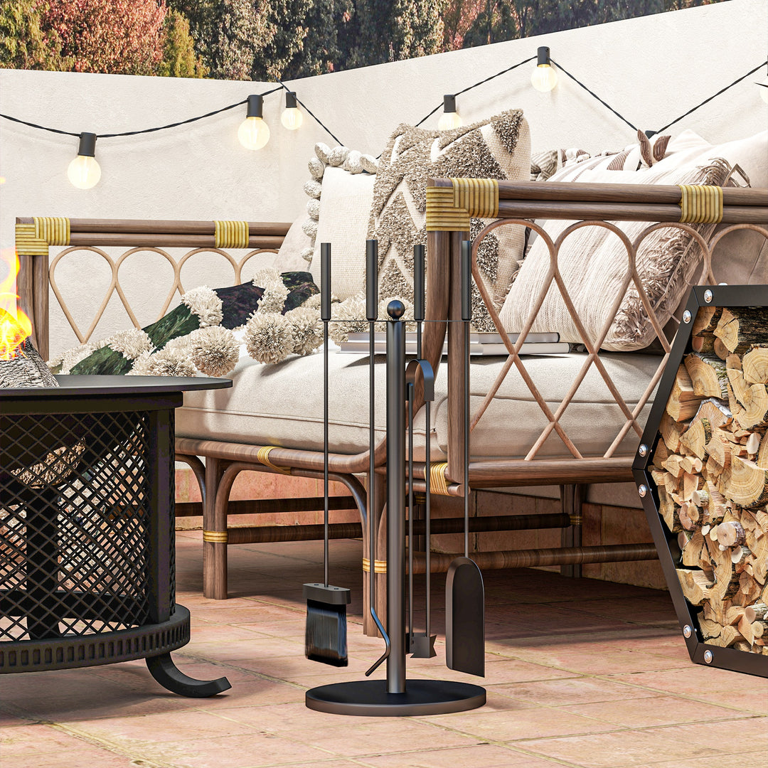 5-Delt pejsværktøjssæt, kost, skovl, tang, ildrager og stativ, brandsikkert metal, sort