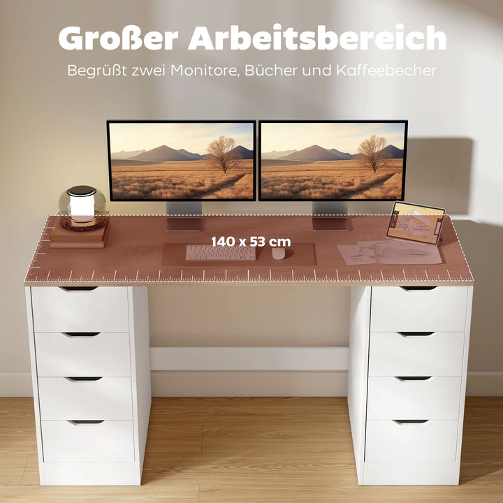 140 cm computerbord, 8 skuffer, skrivebord til hjemmekontor, soveværelse, stål, træ, hvid