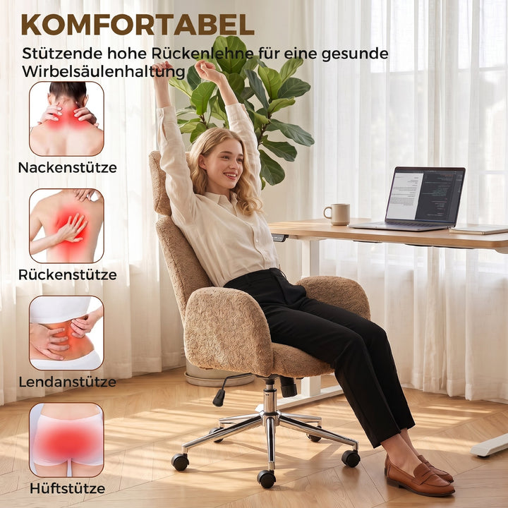 Kontorstol med justerbar nakkestøtte, ergonomisk skrivebordsstol, vippefunktion, højdejusterbar, brun