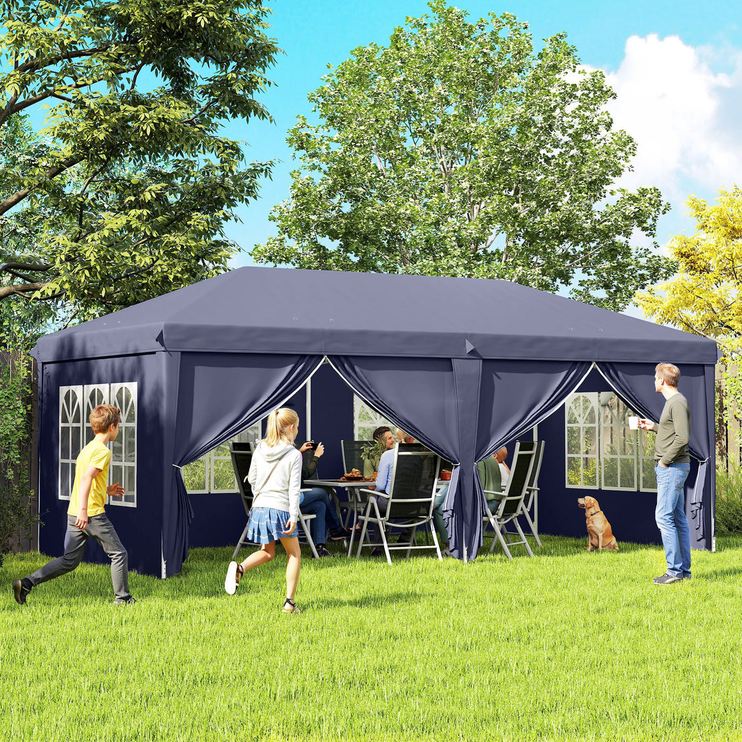 Foldbar pavillon 6 x 3 m, aftagelige sidepaneler, store vinduer, lynlåsdøre, stålramme, blå