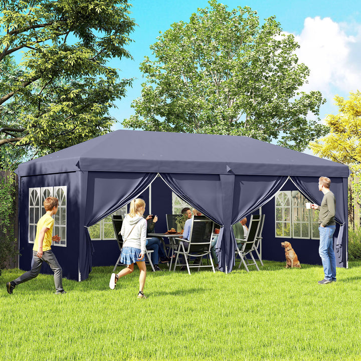 Foldbar pavillon 6 x 3 m, aftagelige sidepaneler, store vinduer, lynlåsdøre, stålramme, blå