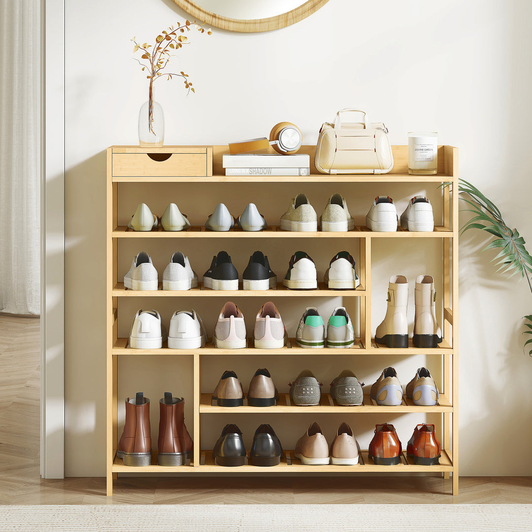 Skoreol, skostativ med bambusskuffe, til 18 par sko, 101 x 30 x 100 cm, naturfarvet