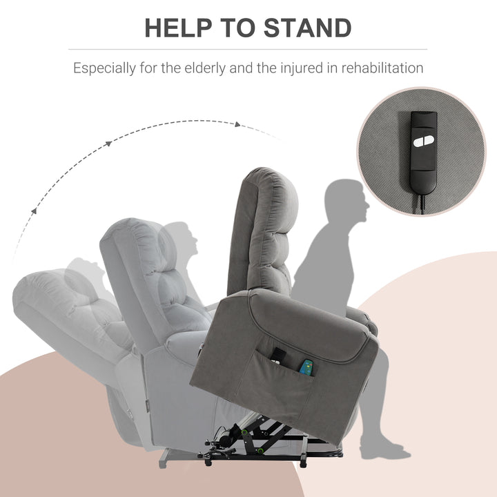 Tv-stol med elektrisk hæve-sænke, massagestol med lænefunktion og varmefunktion, afslapningsstol med fjernbetjening og sidelomme, justerbart polyesterstof, mørkegrå