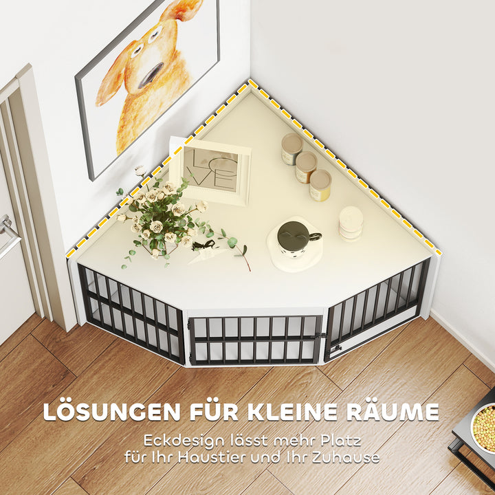 Hundebur, hundegård til små og mellemstore hunde, kæledyrsbur, foderlåge, MDF, metal, hvid