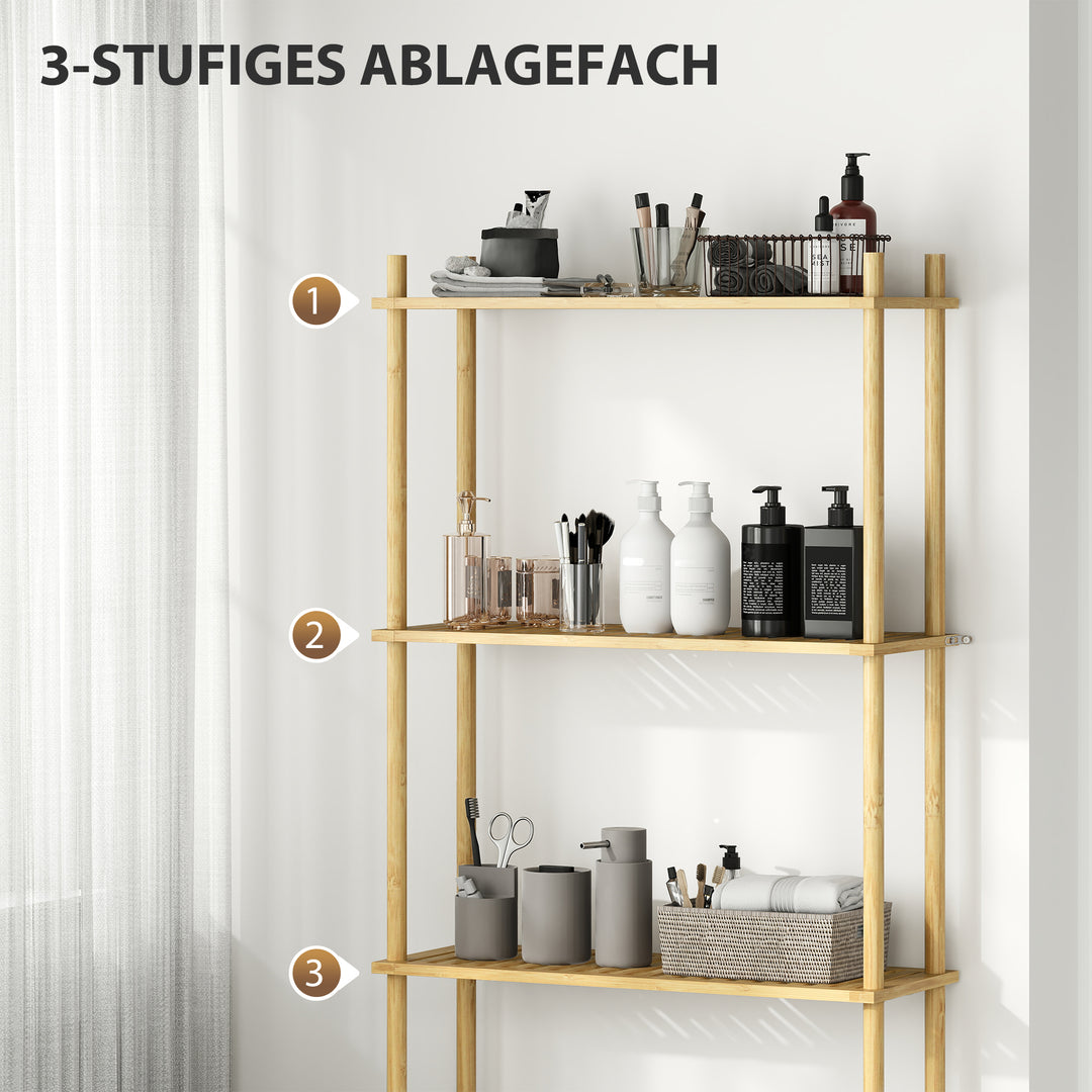Toilethylde 3-lags badeværelseshylde, pladsbesparende naturtræ 69 x 25,5 x 181 cm
