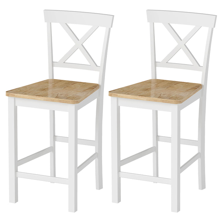 Sæt med 2 barstole med ryglæn og fodstøtte, gummitræ, til køkken, spisestue, bar, eg+hvid