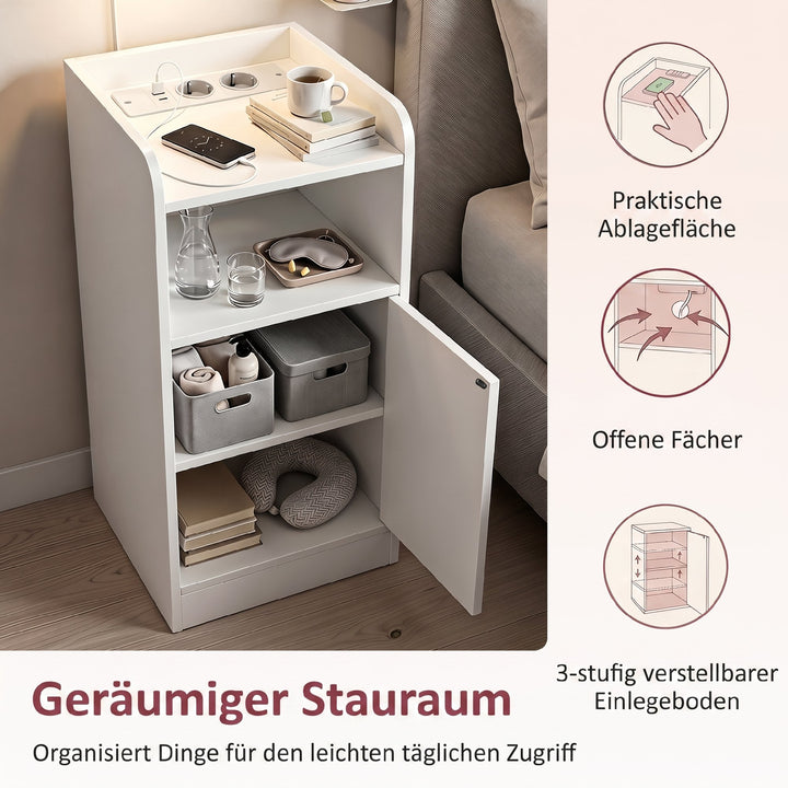 Natbordsæt med 2 dele og ladestation, smalt natbord hvidt