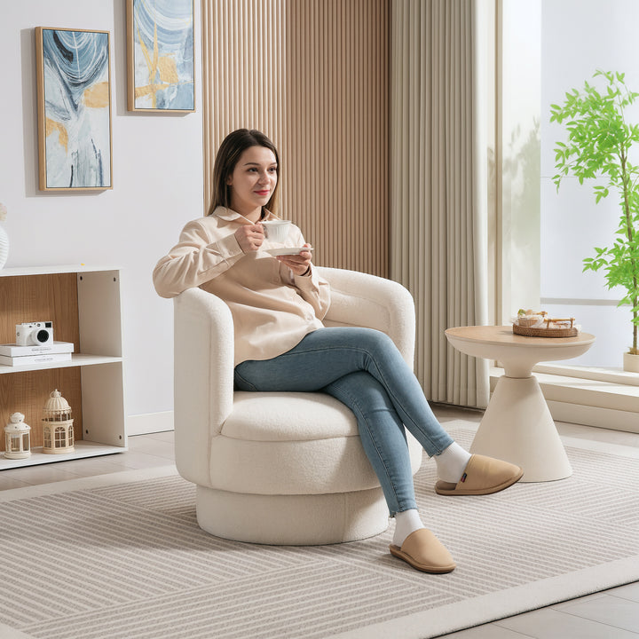 Drejestol med polstring, moderne loungestol med gummitræstel, til stue, soveværelse, cremehvid