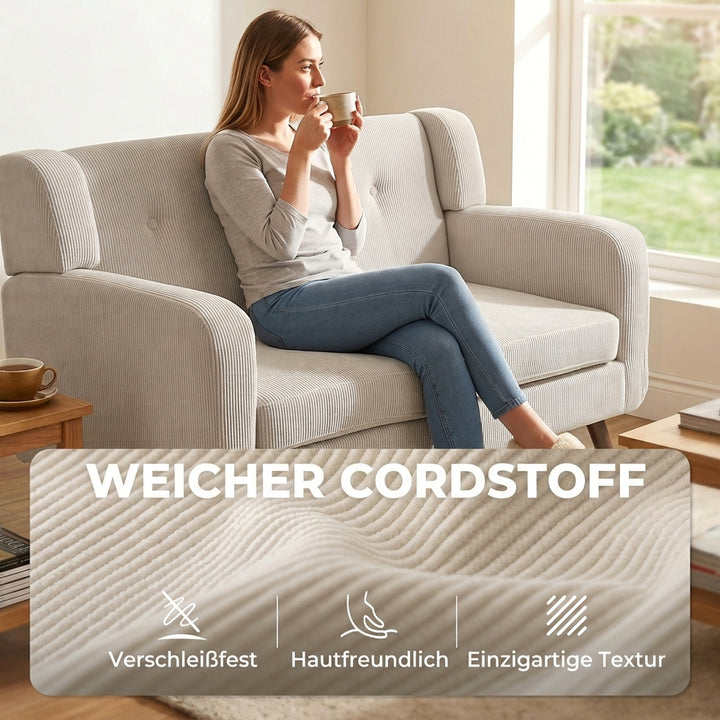 2-personers sofa, 118 cm, lille sofa med fløjlslook, beige