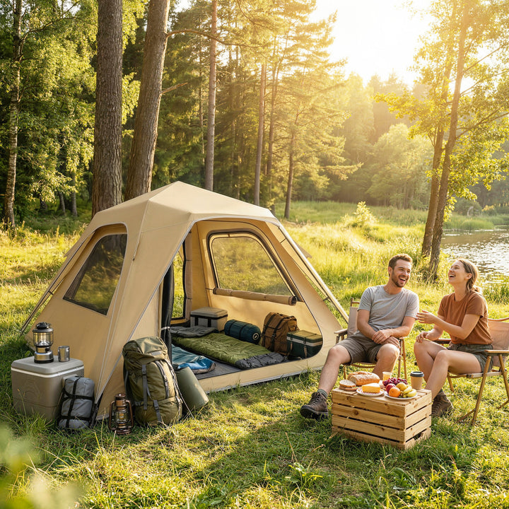 Pop-up-telt med regnslag, vandtæt kuppeltelt til 2-3 personer med 2 døre og 2 vinduer, 240x240x160 cm, khaki