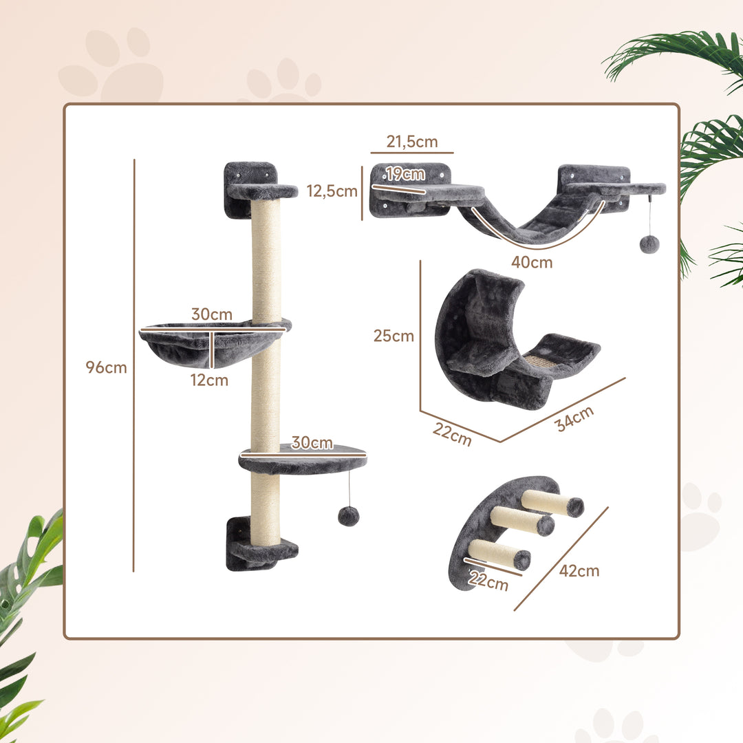 Klatrevæg til katte, 4-delt klatrevægsæt til katte med hængekøje, kattebro op til 5 kg, mørkegrå