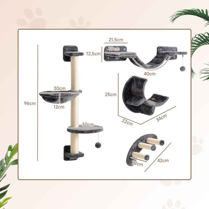 Klatrevæg til katte, 4-delt klatrevægsæt til katte med hængekøje, kattebro op til 5 kg, mørkegrå