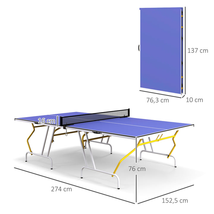 Sammenklappeligt bordtennisbord, inklusive 2 padler, 3 bolde, net, indendørs brug, metalramme, 274x152x76cm, blå