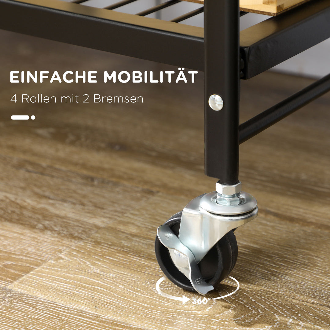 Industrikøkkenvogn med 3 hylder, multifunktionsvogn, serveringsvogn, 4 hjul, foldbar, brun + sort