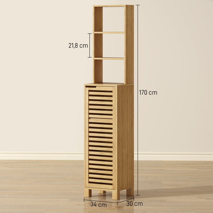Smalt badeværelsesskab, højt skab med 3 åbne hylder, justerbare hylder, lameldør, 34 x 30 x 170 cm, naturlig finish