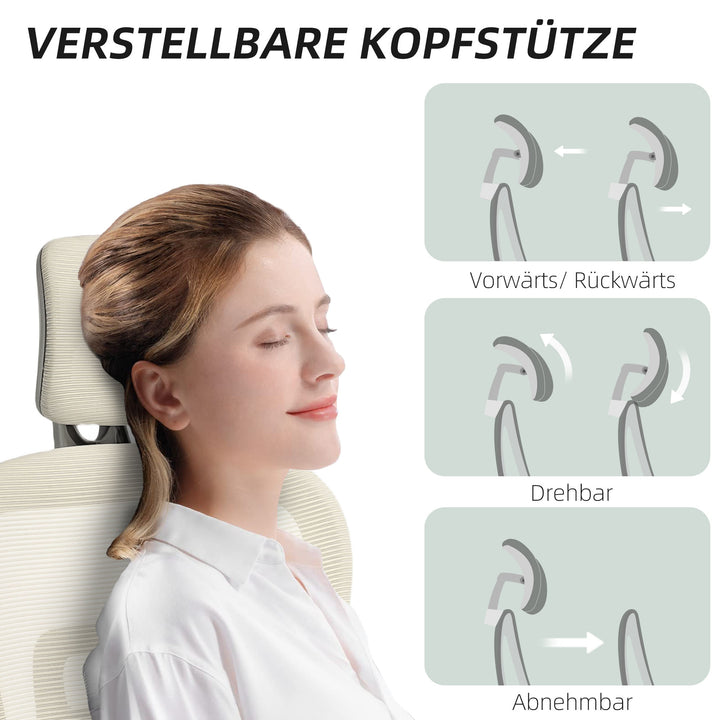 Kontorstol, ergonomisk skrivebordsstol med betræk af netstof, justerbar, hjul, med armlæn og nakkestøtte, beige