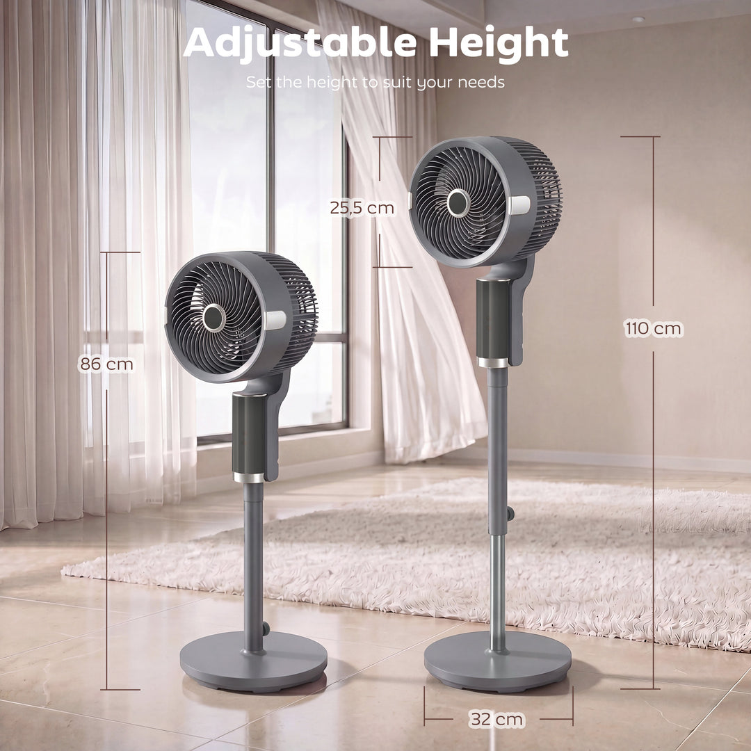 Sokkelventilator, luftcirkulator, ventilator med 8 hastighedsindstillinger, LED-display, fjernbetjening, timer, 90° oscillation, grå