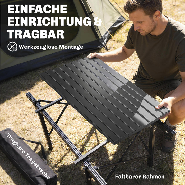 Campingbord med opbevaringskurv, højdejusterbar, foldbar, aluminium, sort