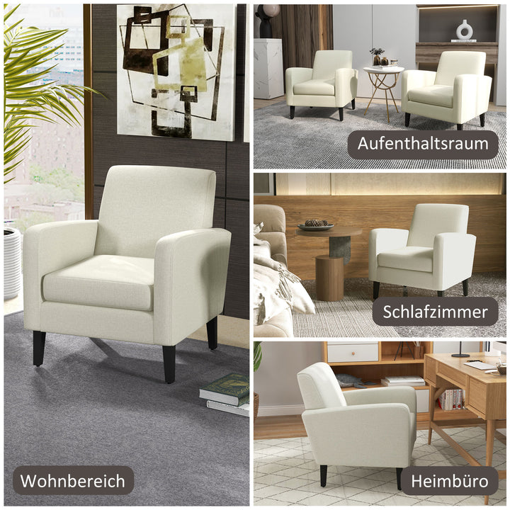 Enkelt lænestol, lænestol, polstret lænestol med træfødder, stof med linnedlook, 66 x 72 x 74 cm, cremehvid