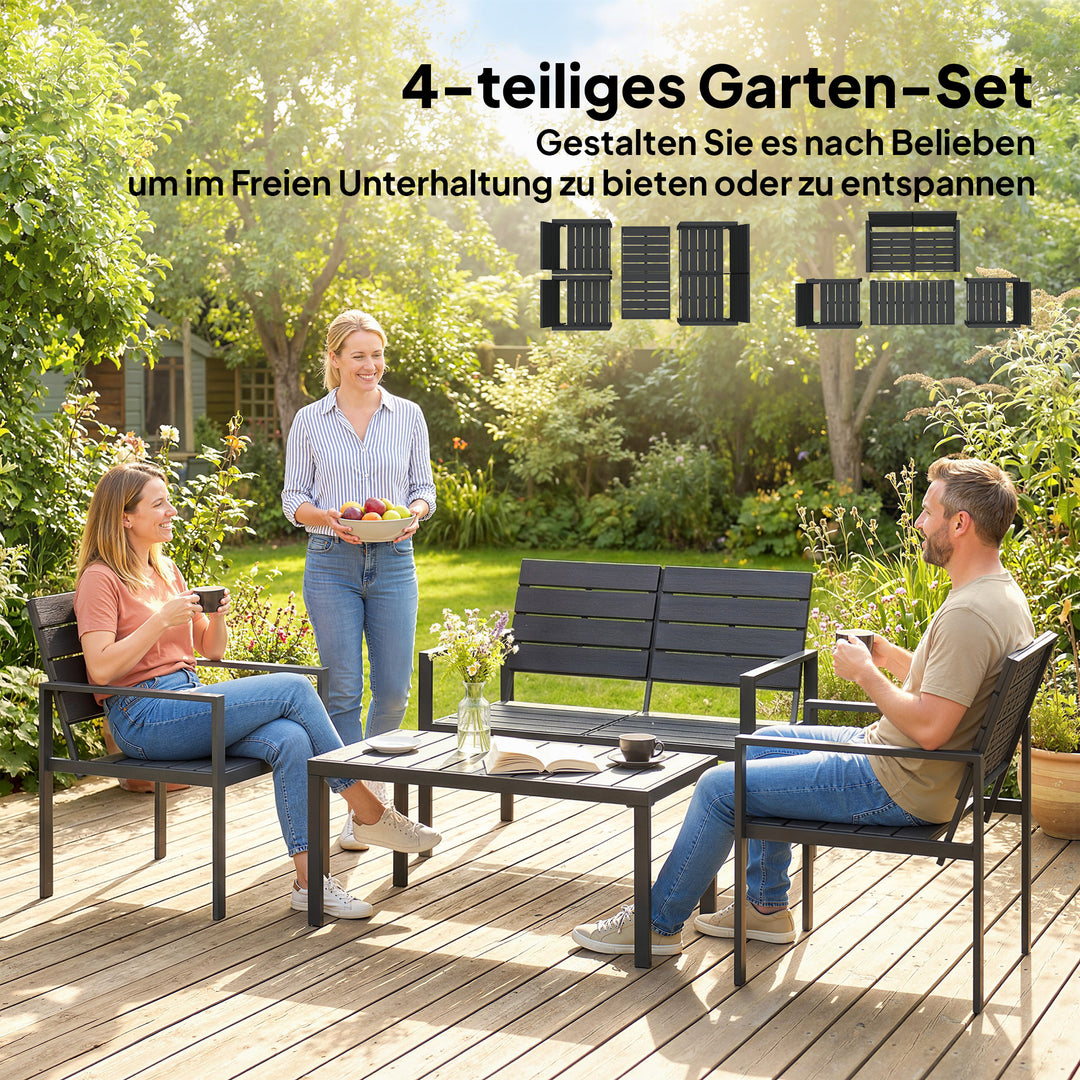 Havemøbelsæt, 4 personer, med 2-personers sofa, 2 lænestole, bredt sofabord, HDPE-lameller, vejrbestandig, sort