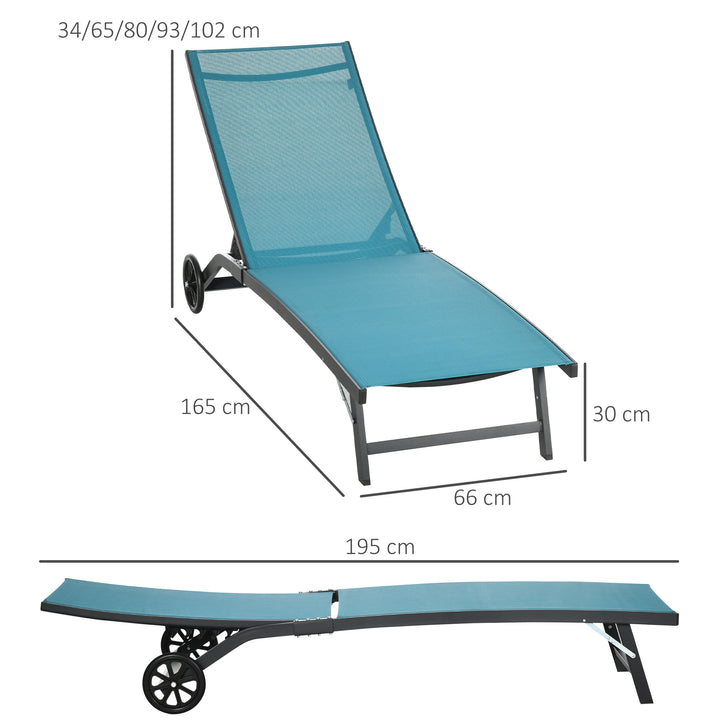 Solseng, justerbar ryglæn med 5 positioner, åndbart stof, aluminiumsstel, blå, 195 x 66 x 34 cm