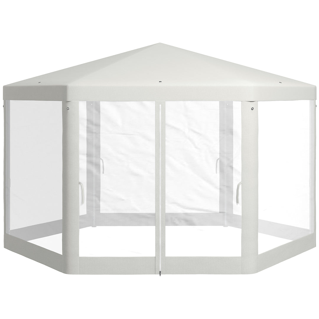 Havepavillon, sekskantet, netgardiner, metalramme, 3,94 x 3,412 x 2,5 m, cremefarvet