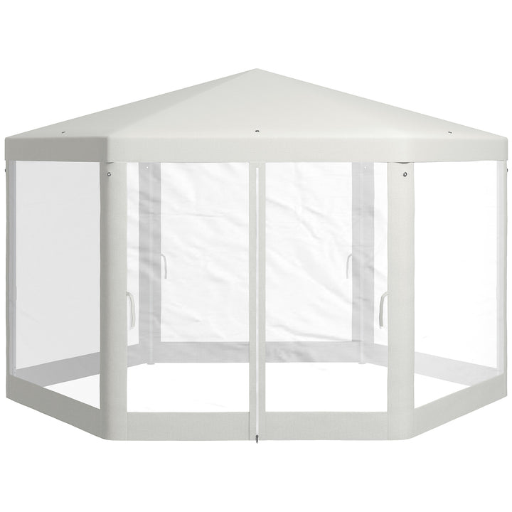 Havepavillon, sekskantet, netgardiner, metalramme, 3,94 x 3,412 x 2,5 m, cremefarvet