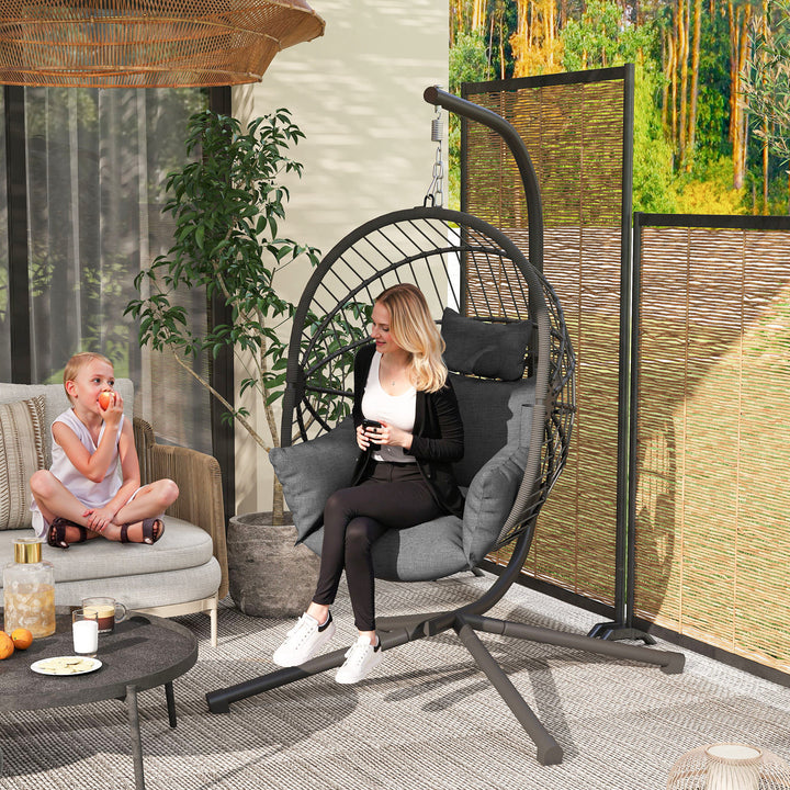 Udendørs hængestol, inklusive hynde, æggeformet, 120 cm x 106 cm x 188 cm, grå