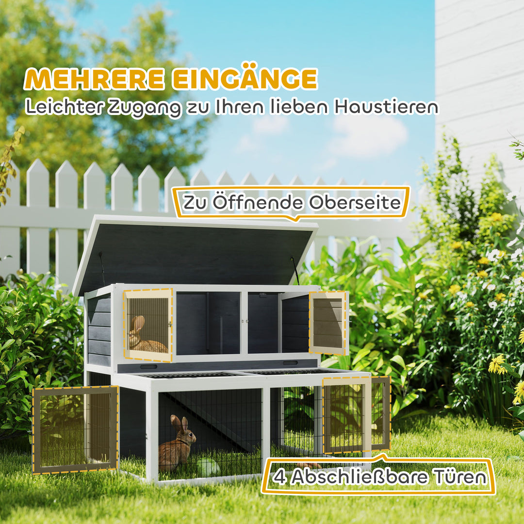 Kaninbur 2 niveauer med foldbart tag kaninbur lavet af massivt træ vintersikkert dobbelthus 122x95x93,5 cm grå