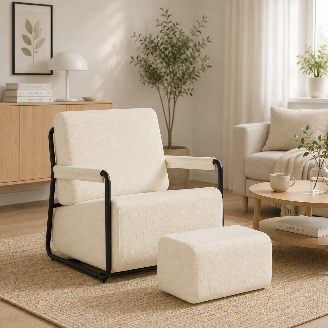 Sofa med fodskammel, 30D højelastisk skumfyld, 67 × 74 × 78 cm, beige