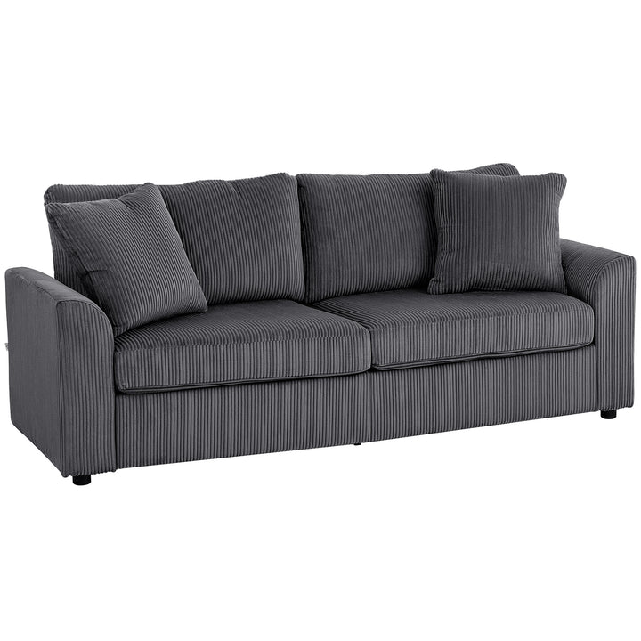 3-personers sofa med dekorative hynder, corduroy sofa til stue, soveværelse, 212 cm bred, mørkegrå