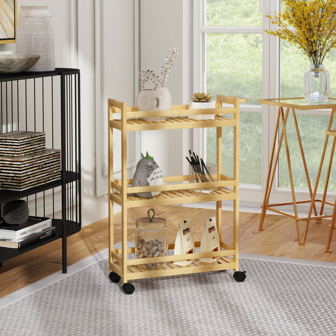 Serveringsvogn, 3 niveauer, lamelhylder, faldsikring, bambus, 55 x 20 x 75 cm