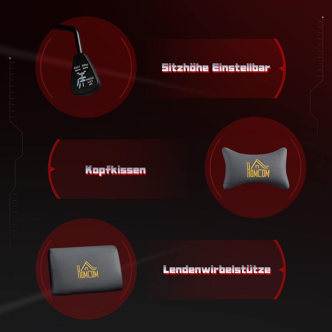 Ergonomisk gamingstol med 3D-armlæn, justerbar, rullende skrivebordsstol med lændestøtte, grå