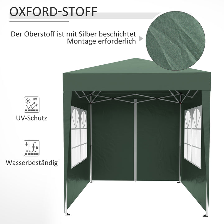 Foldbart pavillon, øltelt, 4 aftagelige sidepaneler, 2 vinduer, metalramme, 2 x 2m, mørkegrøn