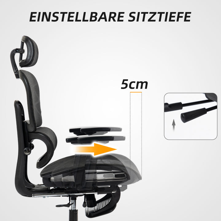Kontorstol, ergonomisk skrivebordsstol med netbetræk, justerbar, rullbar, med armlæn, nakkestøtte, sort