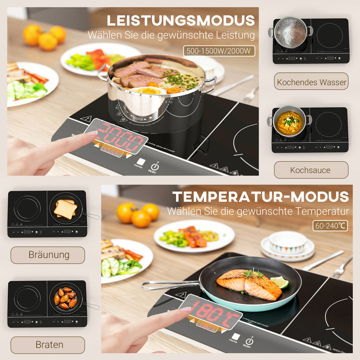 Bærbar induktionskogeplade, 10-trins temperaturkontrol, touchpanel, sort