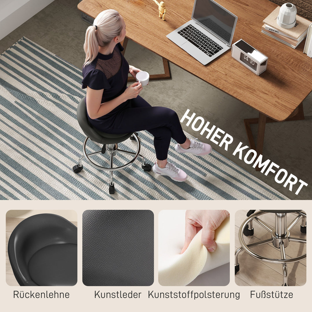 Rullende skammel højdejusterbar med ryglæn drejelig skammel 59-75 cm arbejdsskammel 360° drejelig sort