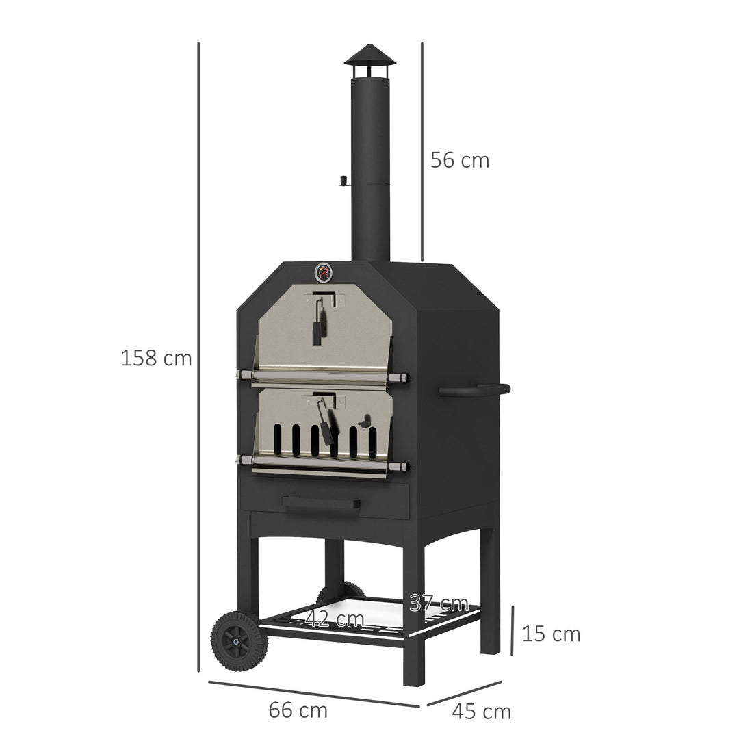 2-i-1 udendørs pizzaovn, med pizzasten, askebæger, 2 grillriste, termometer, rustfri, sort