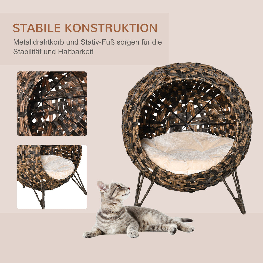 Rattan kattehus med hynde katte soveplads kattehule med hævede fødder brun 52 x 58 cm