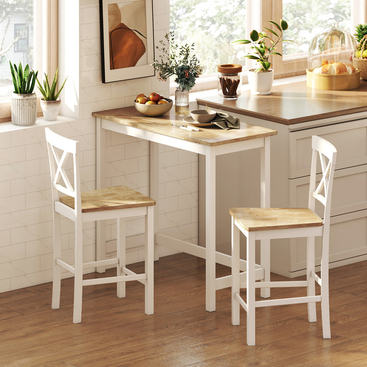 Sæt med 2 barstole med ryglæn og fodstøtte, gummitræ, til køkken, spisestue, bar, eg+hvid