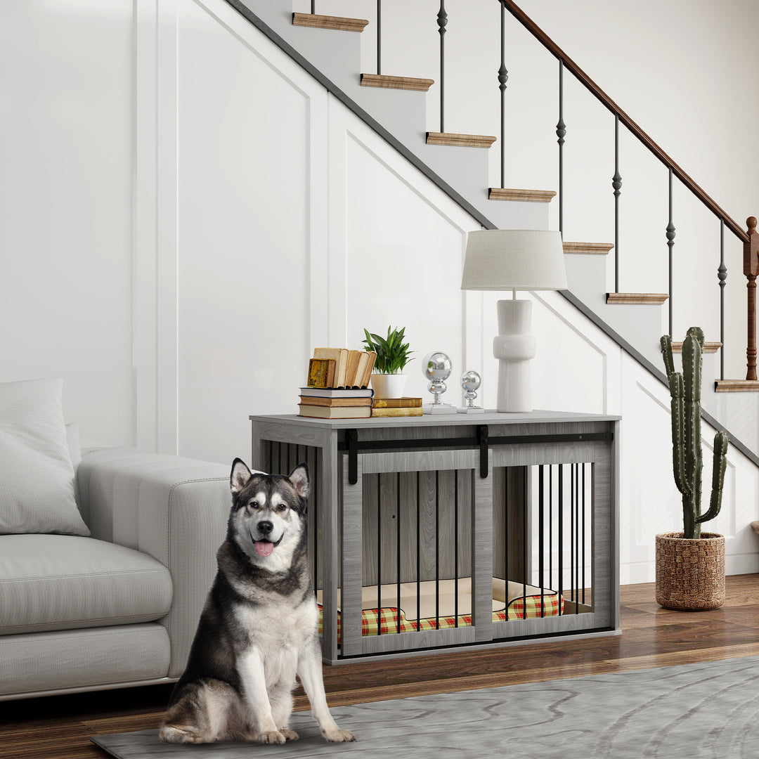 Hundebur med skydedør, ventileret, spånplade og stål, 98 x 58 x 61 cm, grå